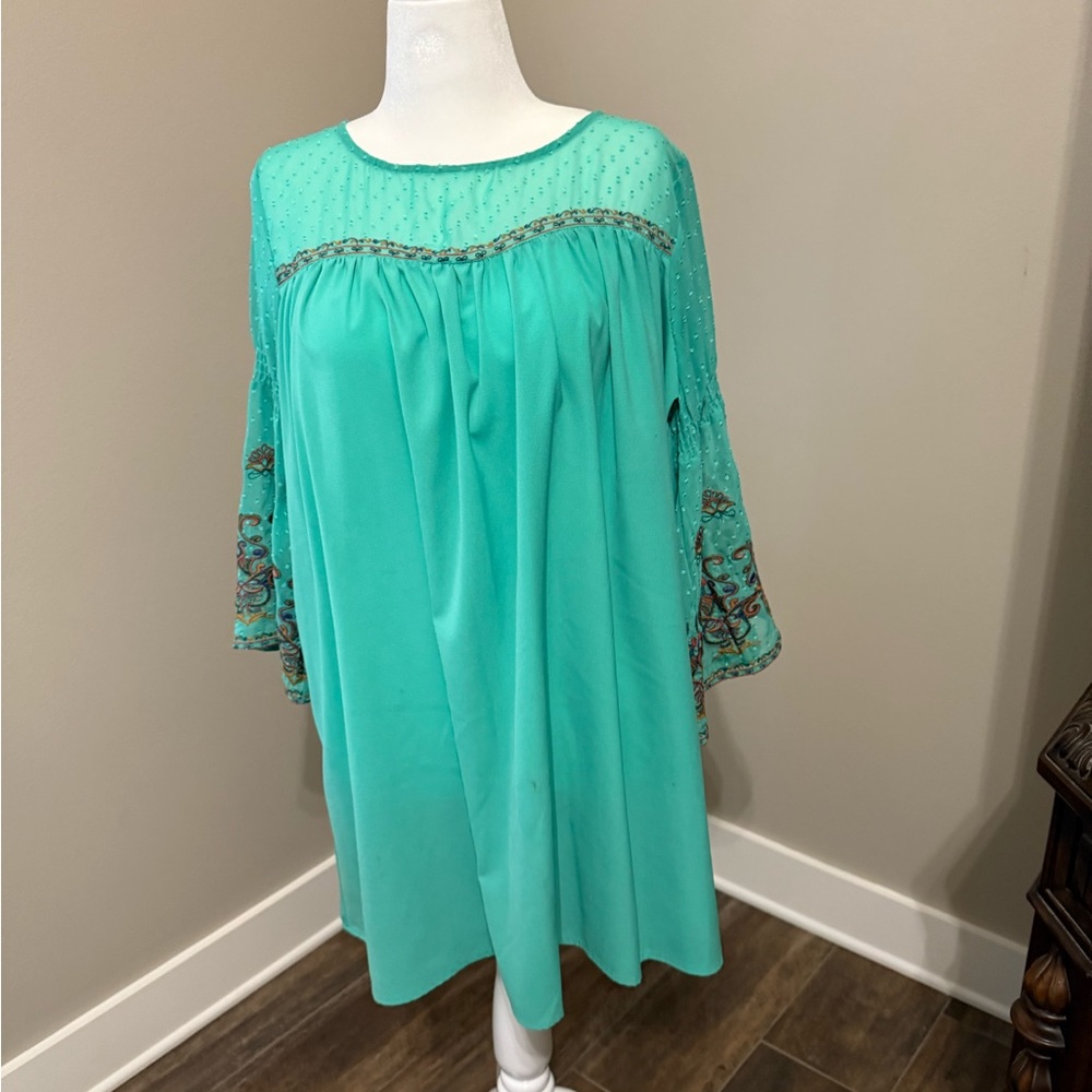 Umgee Teal Midi Dress with Embroidered Sleeves